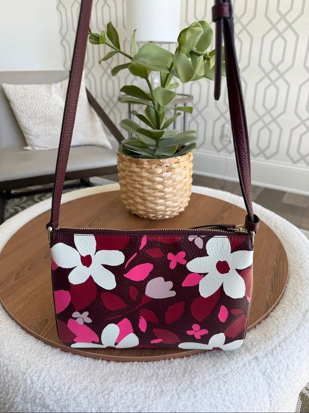 Kate Spade Floral Crossbody Purse Pink Burgundy Leather Like New